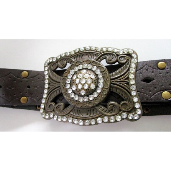 Brown Women's Western Belt - Faux Leather - Rhinestone Carved Buckle - 36 inches - Picture 3 of 10